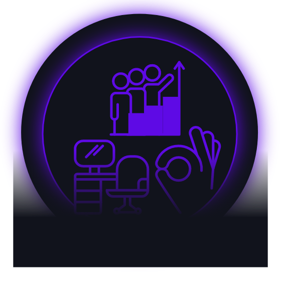 Purple office icons inside a glowing black circle