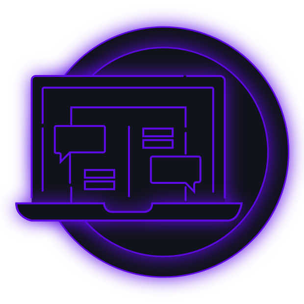 Open laptop with chat messages inside black circle with purple glow